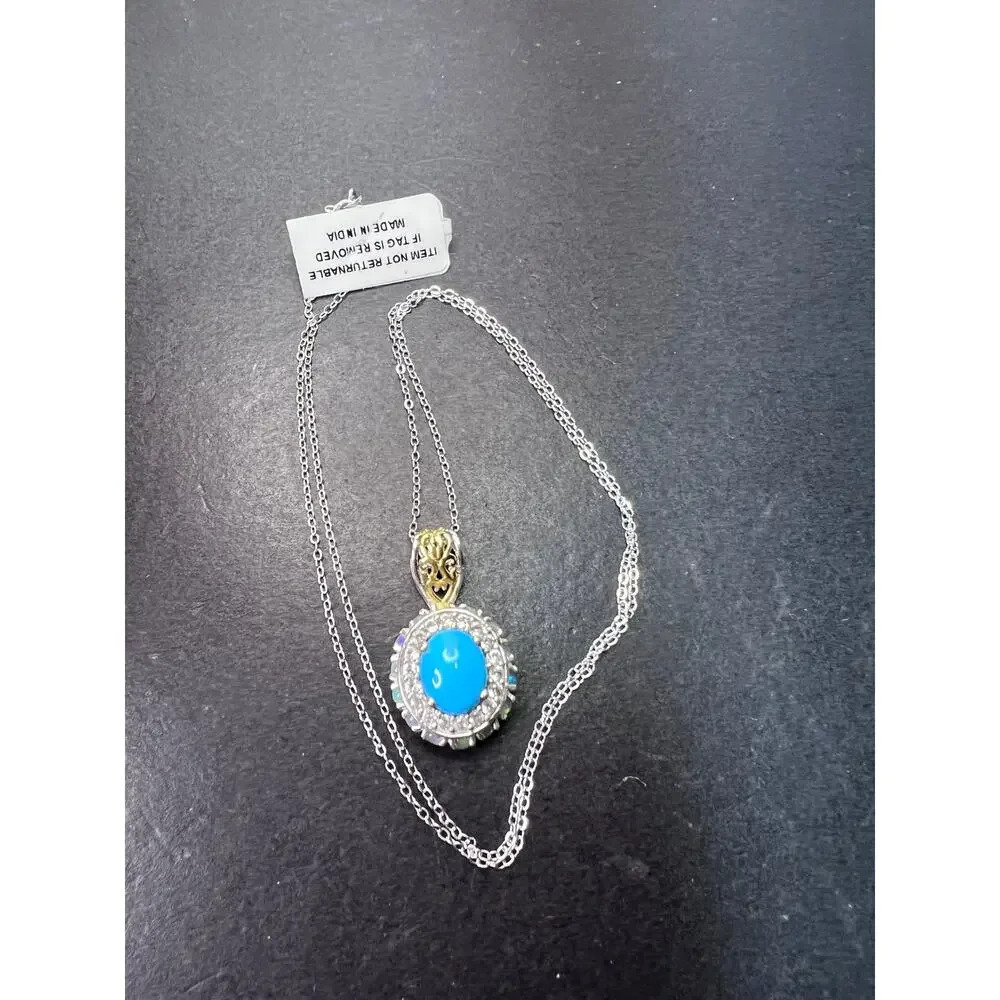 New Opal and turquoise halo pendant and chain necklace - Picture 2 of 11